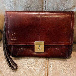 EQBAL Leather Clutch Handbag | Dark Reddish Brown & Gold | Wristlet | Like New
